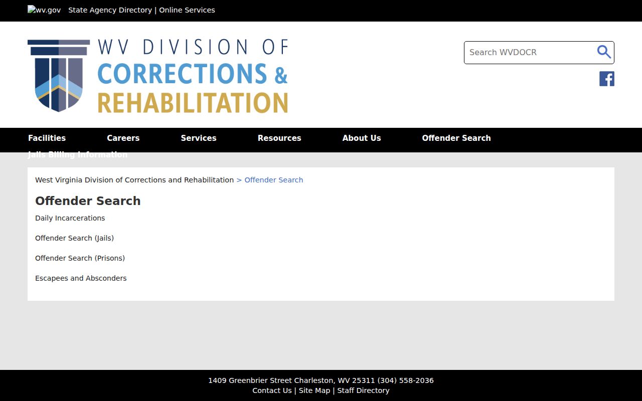 Roane County arrest search choices on the WVDCR offender hub