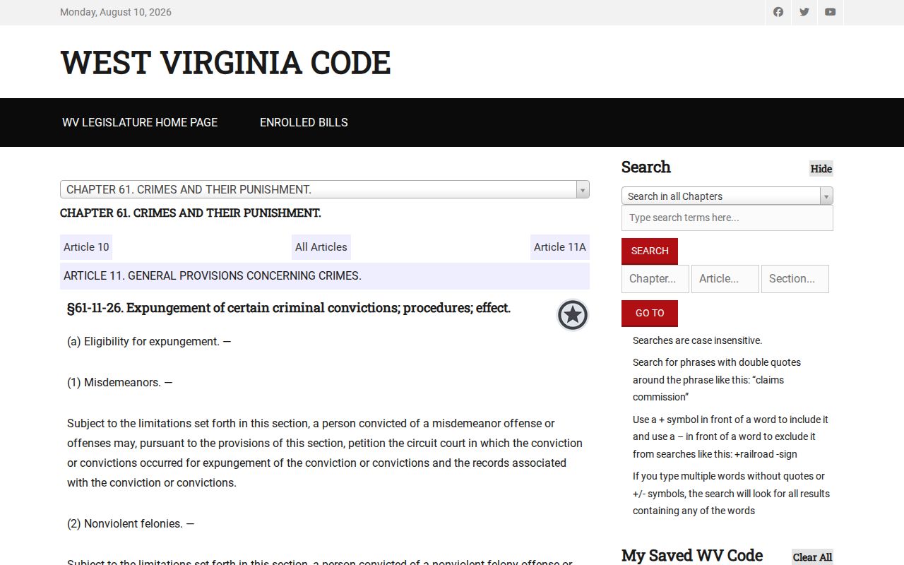 West Virginia expungement law for Roane County criminal records